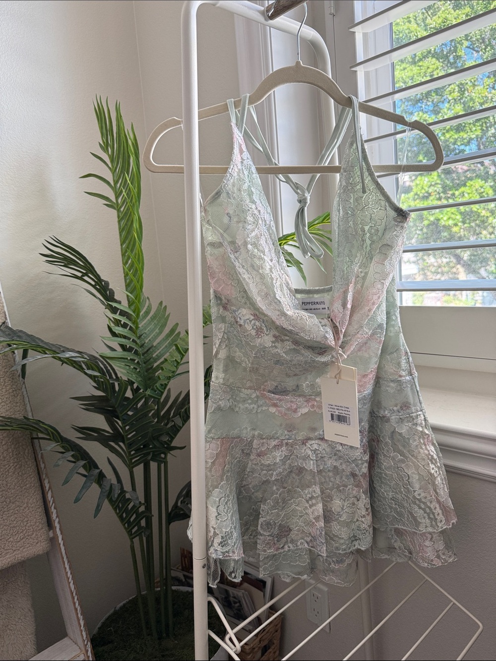 Peppermayo Mint Lace Cowl Neck Mini Dress